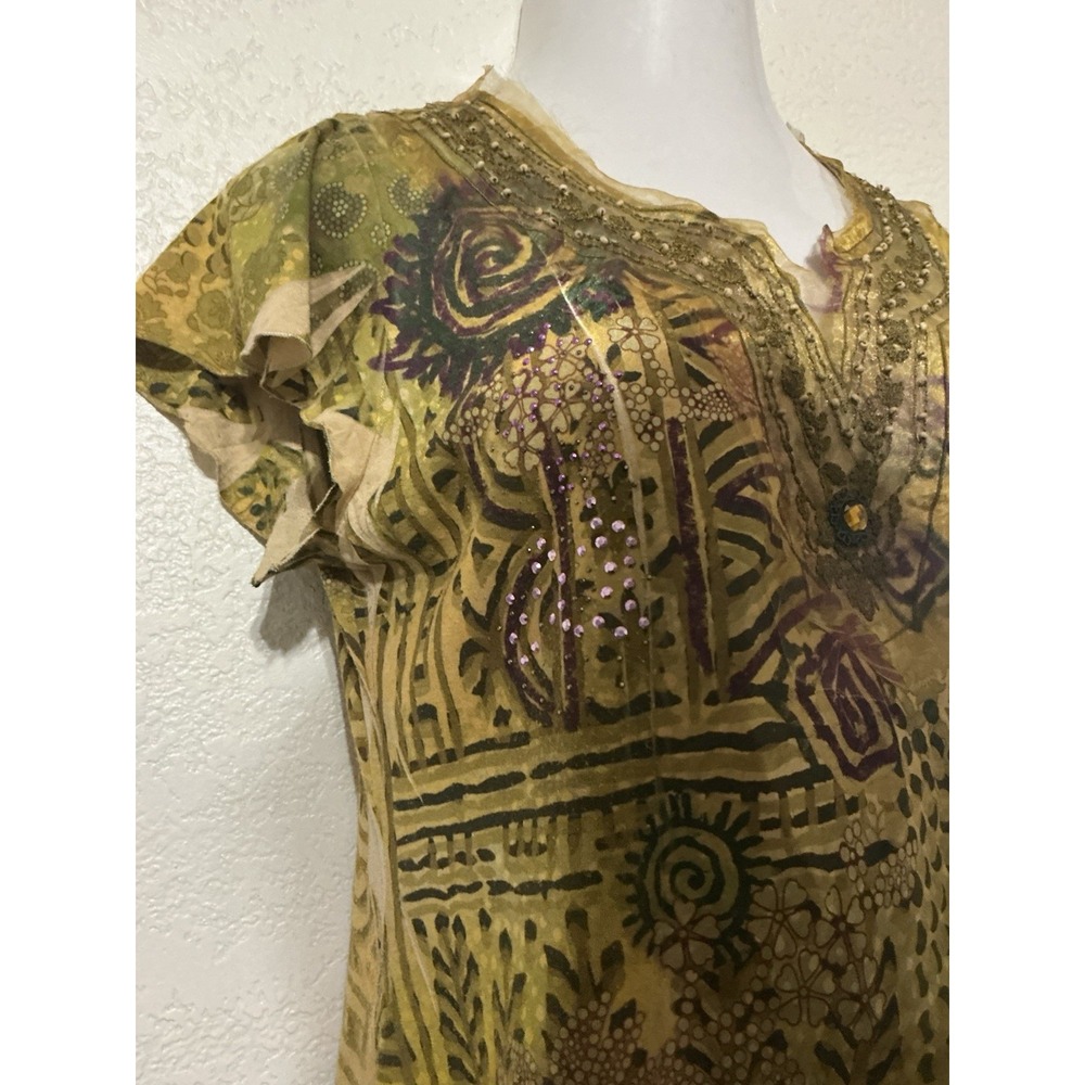 B.L.E.U. Women's Top Size XLP Green Yellow Purple Embroidered Artsy Boho Y2K - Picture 3 of 9